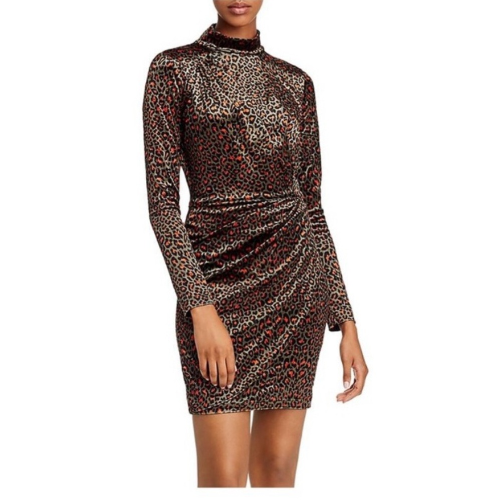 NWOT Black Halo Leopard Print Long Sleeve Dress in Olive Feline Size 8 - Picture 2 of 7